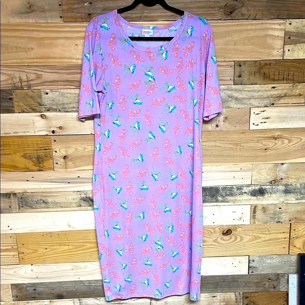 LuLaRoe size XL Lavender with Floral and Blue Jays Julia Soft Fitted Midi Dress